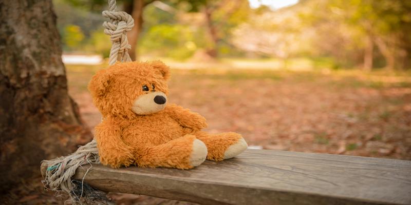 A stuffed bear on a swing

Description automatically generated
